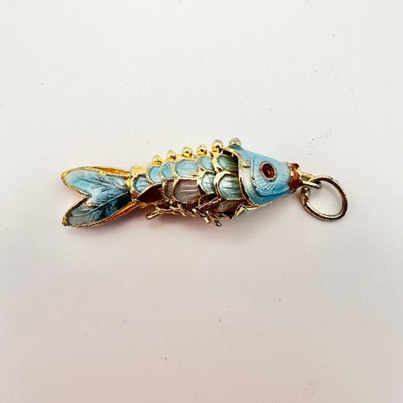Vintage Lt Blue Enamel Cloisonne Articulated Gold Tone Koi Fish Pendant No Chain - Picture 3 of 4